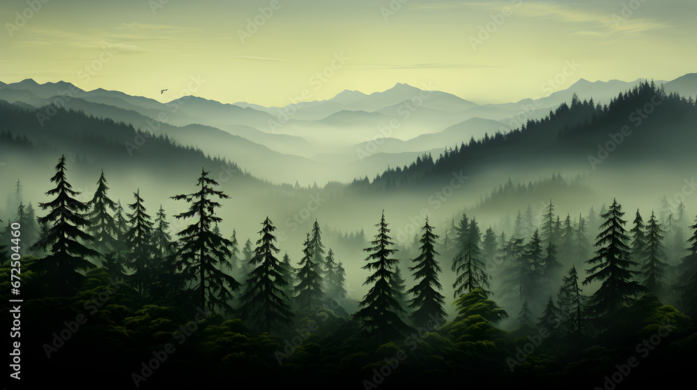 Poster a forest with mountains and trees in the background.a lush forest with towering mountains in the bac