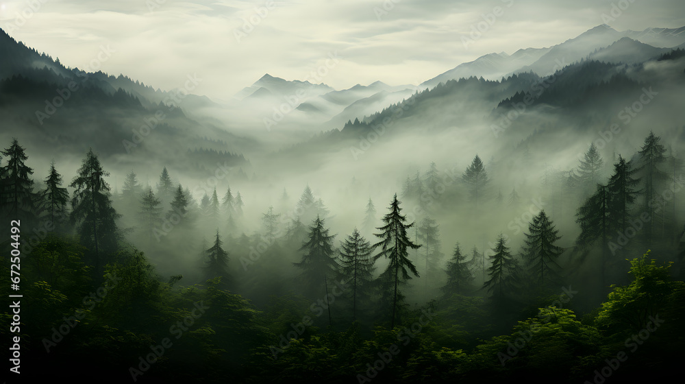 Poster a forest with mountains and trees in the background.a lush forest with towering mountains in the bac