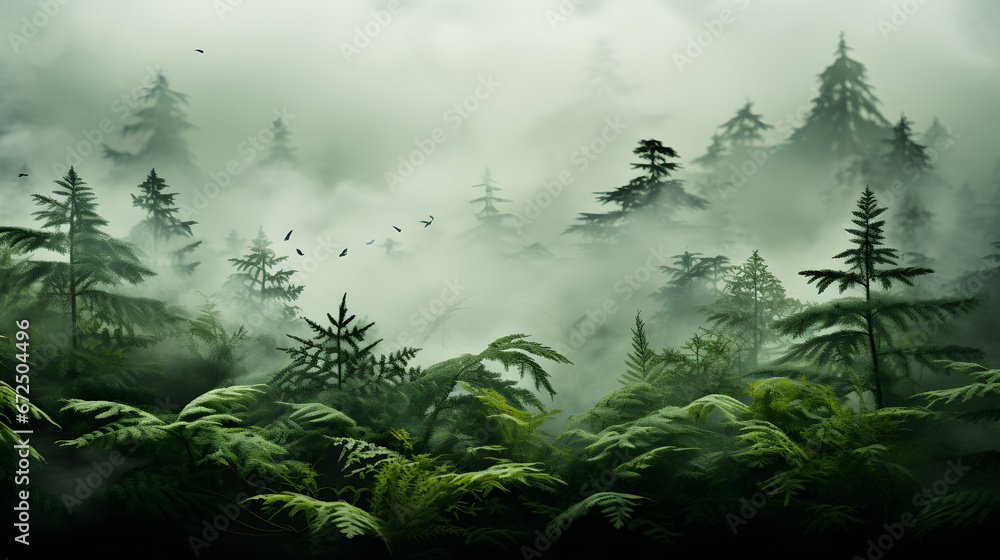 Poster a forest with mountains and trees in the background.a lush forest with towering mountains in the bac