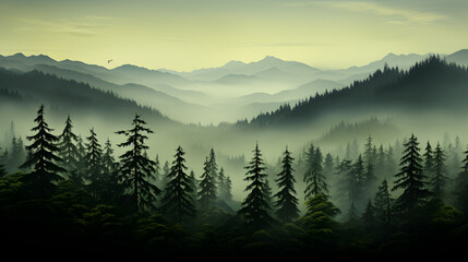 Fototapeta premium a forest with mountains and trees in the background.a lush forest with towering mountains in the background. Suitable for nature-themed designs, travel brochures, and outdoor-related advertisements.