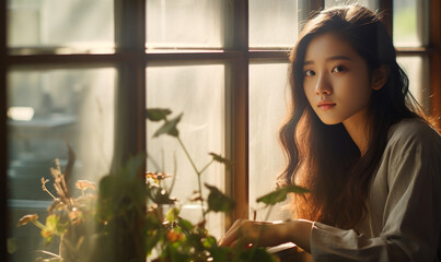 young asian looking at window glass