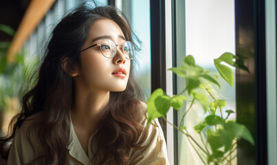 Fototapeta premium young asian looking at window glass