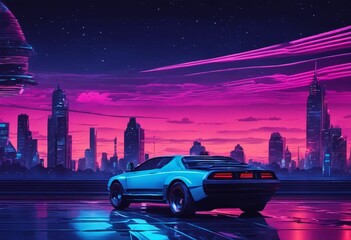 AI generated illustration of a modern electric car parked in a city illuminated by neon lights
