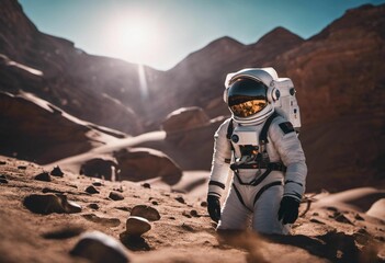 AI generated illustration of an astronaut in a suit stands in a vast desert landscape