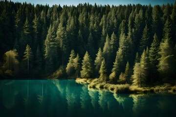 a forest next to a body of water with a clear sky