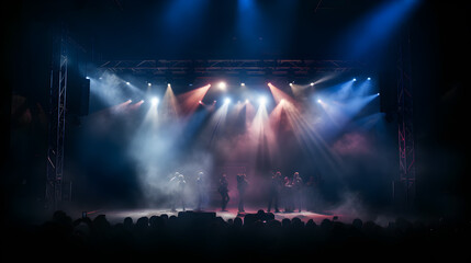 Free stage with lights, Stage light with colored spotlights and smoke. Concert and theatre dark scene - obrazy, fototapety, plakaty