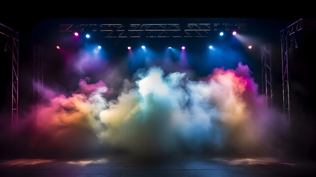 Free stage with lights, Stage light with colored spotlights and smoke. Concert and theatre dark scene
