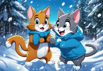 AI generated illustration of two cats dressed in warm winter clothing stand side-by-side