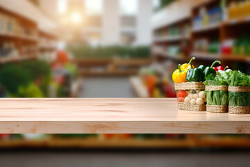 Naklejka na ściany i meble Top of surface wooden table with blurred grocery store background.