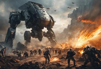 Soldiers fighting with robots in the war, AI-generated. - obrazy, fototapety, plakaty
