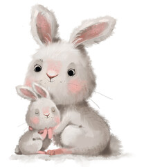 Cute watercolor rabbit hare bunny animal hand drawn with pink flower bouquet for easter. Mother's Day, women's day isolated on white background.