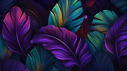 Tropical exotic seamless pattern with neon light color banana leaves, palm on night dark background, neon leaves