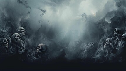 AI generated illustration of skulls visible in a dark, hazy environment with billowing smoke