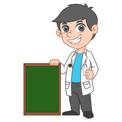 Doctor cartoon character with whiteboard. Medical health care banner design with background. Medical colleagues hospital staff