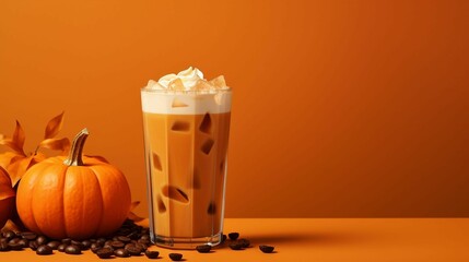 AI generated illustration of a glass of pumpkin spice coffee on an orange background