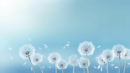 AI generated illustration of a row of dandelions blowing in the wind on a bright blue background