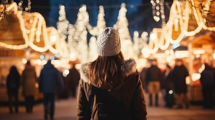 AI generated illustration of a festive winter holiday scene showing a bustling Christmas market - obrazy, fototapety, plakaty