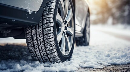 AI generated illustration of the tire treads of a black car in a winter setting - obrazy, fototapety, plakaty
