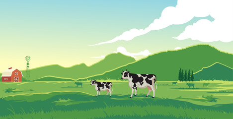 cow farm producing natural milk in the background of beautiful scenery 