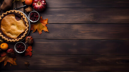 Top view of traditional Thankgiving turkey dinner with pumpkin pie ,maple leaves, and decorations on dark wood banner background.