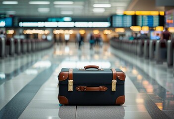 a suitcase on the floor in an airport terminal hall as people walk by - obrazy, fototapety, plakaty