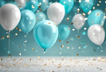 white and blue balloons are floating over gold confetti - obrazy, fototapety, plakaty