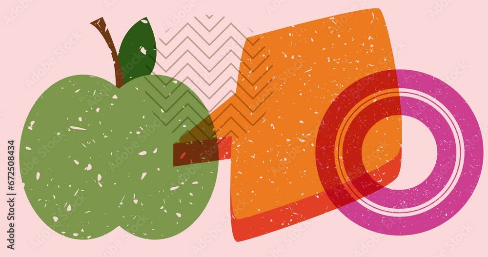 Poster risograph apple with speech bubble and geometric shapes animation. moving fruit and object in trendy