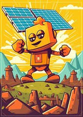 AI generated illustration of an orange robotic figure against solar panels
