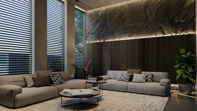 Modern living room 3D animation, contemporary interior design with natural tones on rooms, walls, floors and ceilings. 3D rendering illustration
