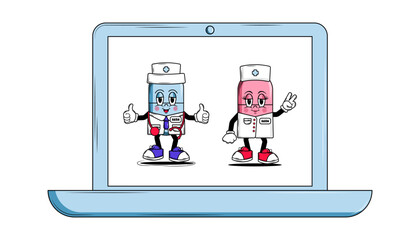 Medical pill character doctor and nurse with face smile in groovy style. Laptop on white background. For design of medical premises, children's medical books, covers, booklets, leaflets, web, app.