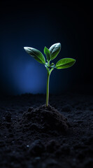 a young plant grows in ground, with a light shining on the ground