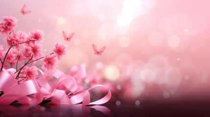 Pink ribbon with butterfly and flower decoration. Design for International Women's Day, breast cancer awareness, Mother's day, Valentine's Day. Concept design for ad, social media. Generative AI