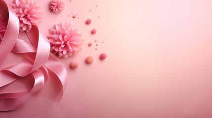 Pink ribbon with flower decoration. Design for International Women's Day, breast cancer awareness, Mother's day, Valentine's Day. Concept design for ad, social media, flyer. Generative AI