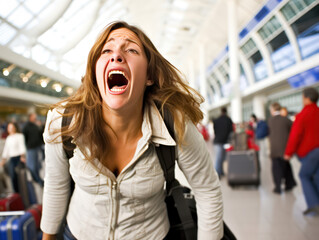 the expression of an American woman who is afraid of missing her flight at the airport