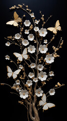 a butterfly sculpture on a black background, in the style of decorative borders