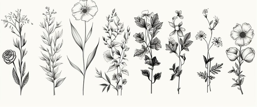 AI generated illustration of several floral designs with various shapes on a white background