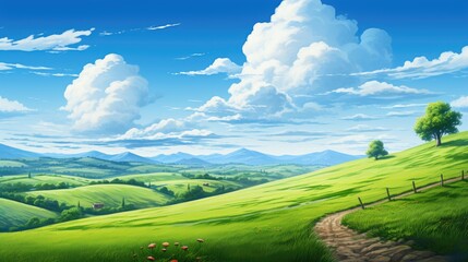 illustration of rolling hills, green fields, and a winding country road
