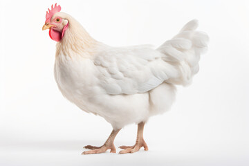 Fototapeta premium a white chicken with a red comb standing on a white surface 