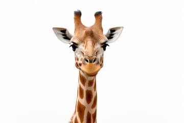 a giraffe standing in front of a white background
