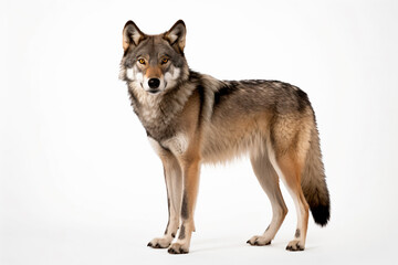a wolf standing on a white surface with a white background
