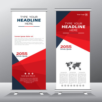 Business banner roll-up design, business roll up banner design template, roll-up for exhibitions, banner for seminar. Universal stand for conference, promo banner vector background with red color