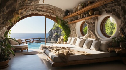 Fototapeta premium AI generated illustration of a majestic interior, featuring a cozy sofa, and a collection of plants