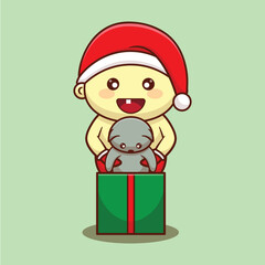baby use santa costume with cat and gift christmas cartoon vector illustration