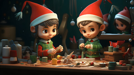 A pair of cute Christmas elves making toys - obrazy, fototapety, plakaty
