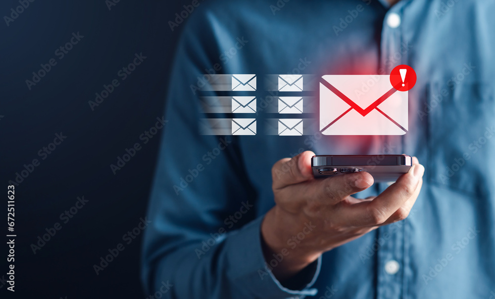 Poster Alert Email inbox and spam virus with warning caution for notification on internet letter security protect, junk and trash mail and compromised information.