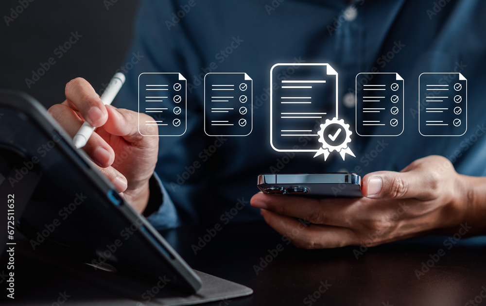 Aufkleber Assessment for certificate good quality product, digital improvement QC and QA iso, Standard check quality control concept...