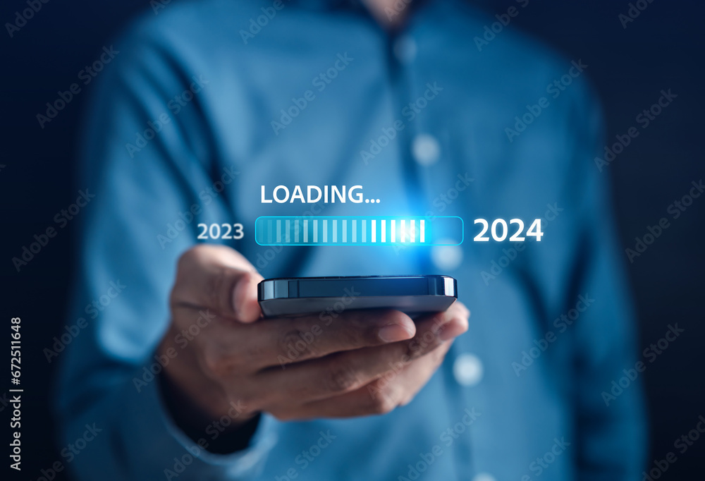 Poster Loading progress from 2023 to 2024 to countdown merry christmas and happy new year, Planning and challenge strategy in new year 2024 Concept.