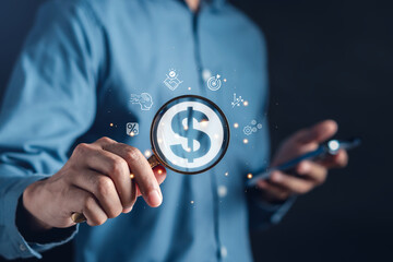 Make money dollar with online technology concept. Man holding magnifier for searching online marketing on network business