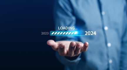 Loading progress from 2023 to 2024 to countdown merry christmas and happy new year, Planning and challenge strategy in new year 2024 Concept. - obrazy, fototapety, plakaty
