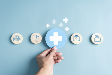 Health insurance and medical welfare concept. people hands holding plus symbol and healthcare medical icon, health and access healthcare. - obrazy, fototapety, plakaty